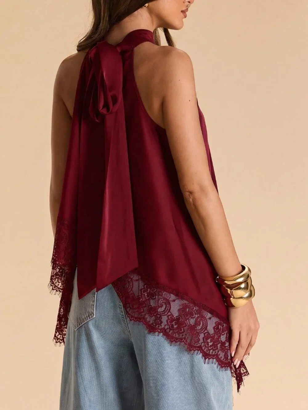 Burgundy Elegant Women's Halter Neck Backless Lace Trim Tank Top